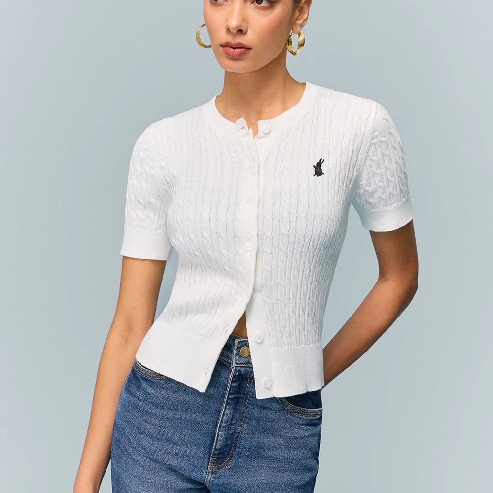White Short Sleeve cable knit  Cardigan